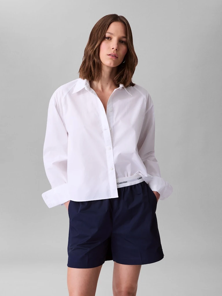 Calvin Klein Kadın Beyaz Poplin Rahat Kesim Uzun Kollu Gömlek