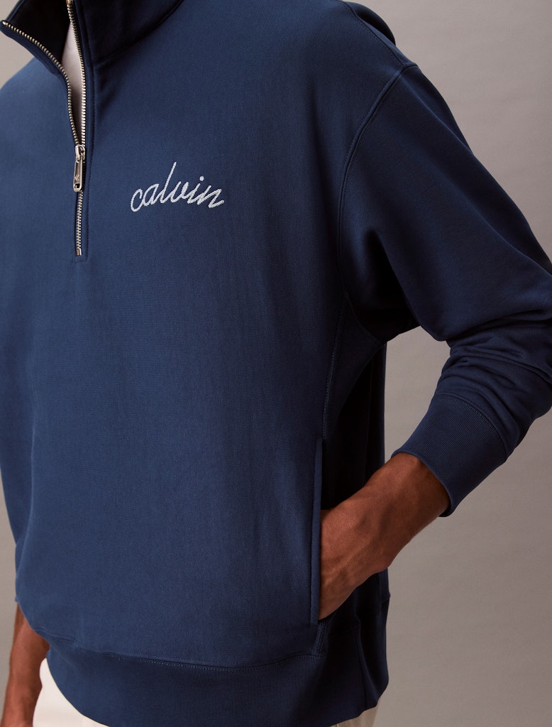Calvin Klein Erkek Yarım Fermuarlı Logolu Mavi Sweatshirt