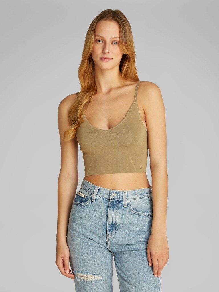 Calvin Klein Kadın Askılı Slim Fit V Yaka Örgü Kumaş Haki Bralet - J20J224805LFF