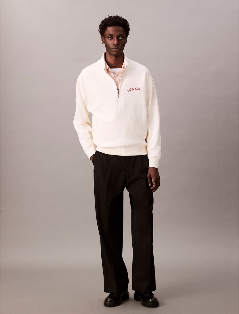 Calvin Klein Erkek Yarım Fermuarlı Logolu Beyaz Sweatshirt