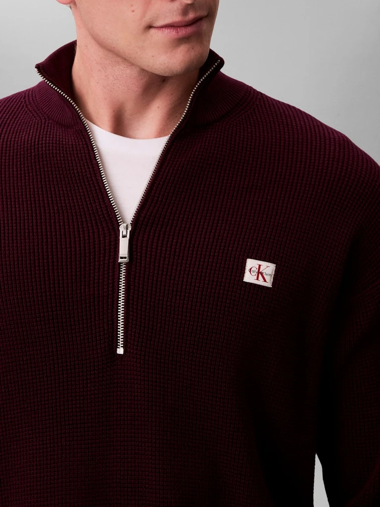 Calvin Klein Erkek Mor Pamuk Yarım Fermuarlı Triko