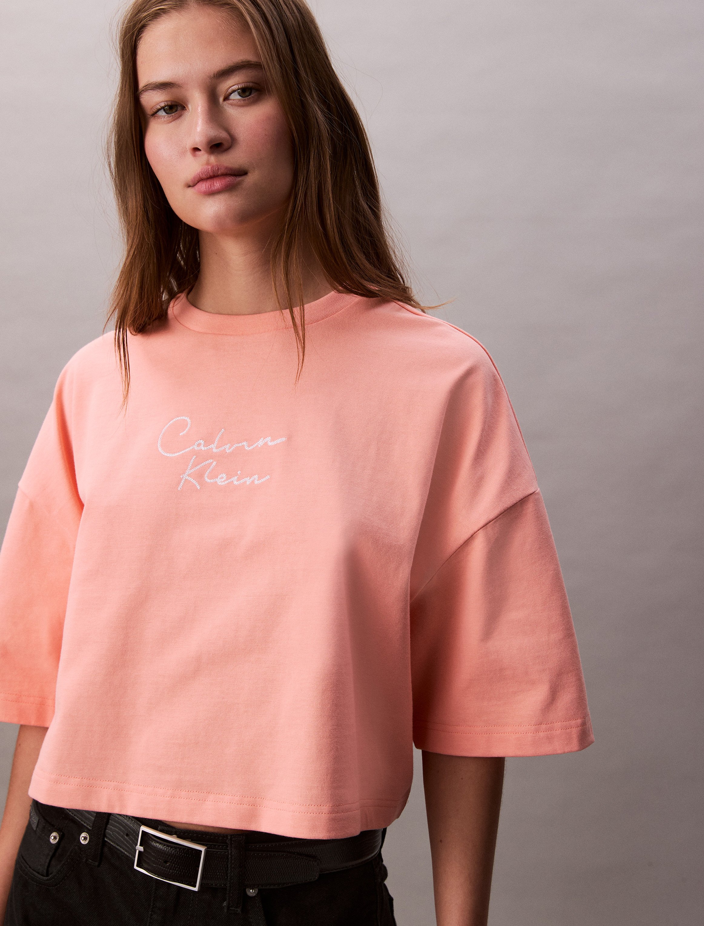 Calvin Klein Kadın Turuncu O Yaka Boxy T Shirt