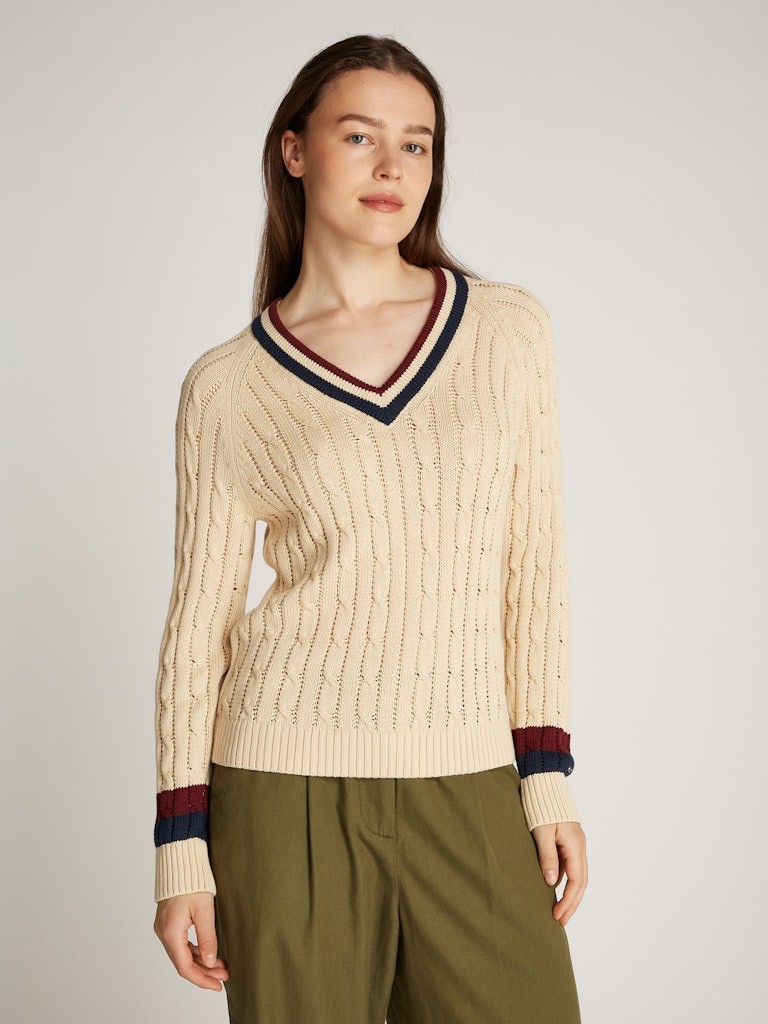 Tommy Hilfiger Pamuk Bej Kadın Uzun Kollu V Yaka Triko - WW0WW43972AEX