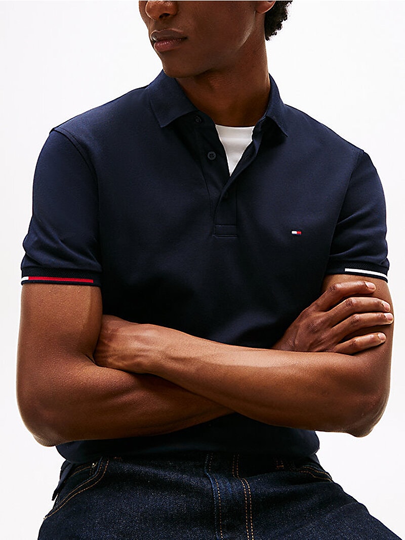 Tommy Hilfiger Erkek İnterlock Flagcuff Polo Mavi T-shirt