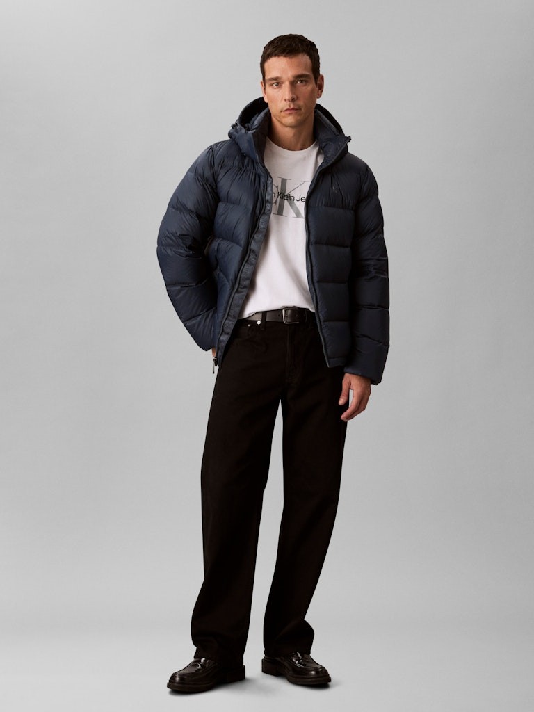 Calvin Klein Erkek Lacivert Kaz Tüyü Puffer Kapşonlu Kaban