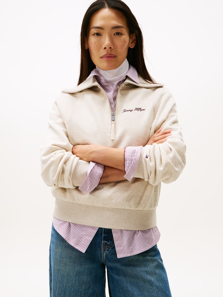 Tommy Hilfiger Kadın Bej Yarım Fermuar Sweatshirt