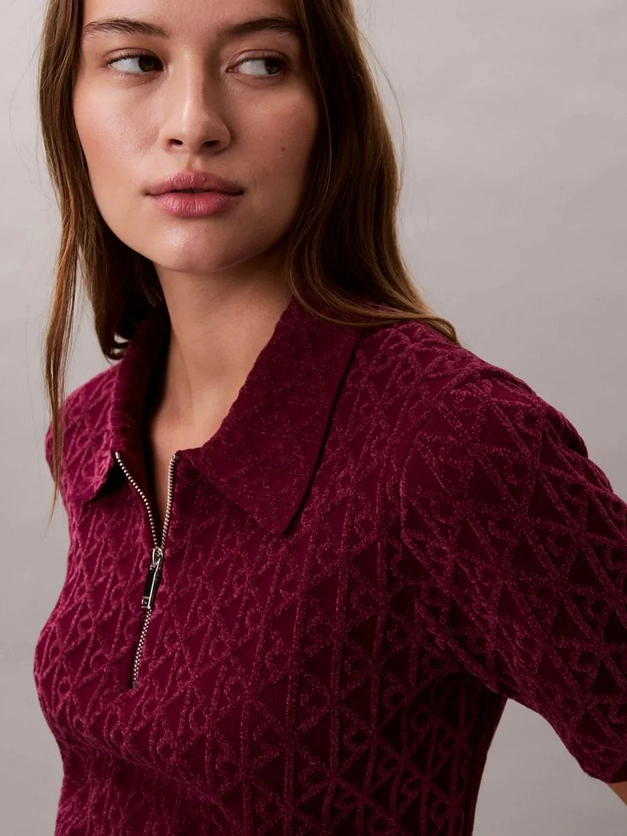 Calvin Klein Kadın Mor Viskon Yarım Fermuarlı Kısa Kolu Triko