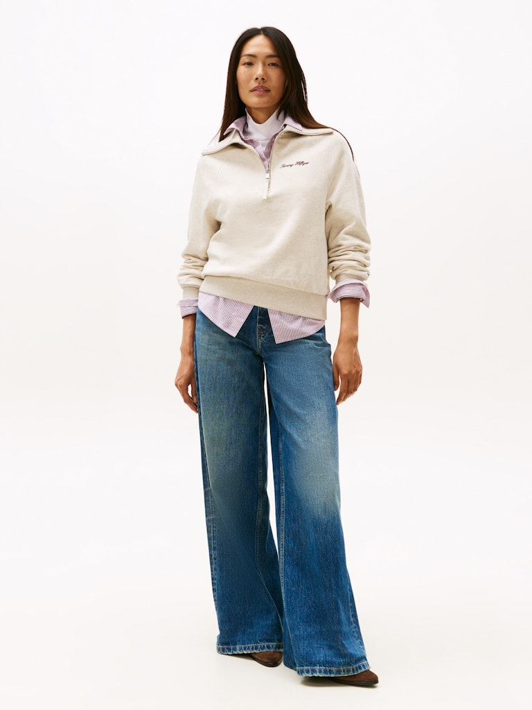 Tommy Hilfiger Kadın Bej Yarım Fermuar Sweatshirt