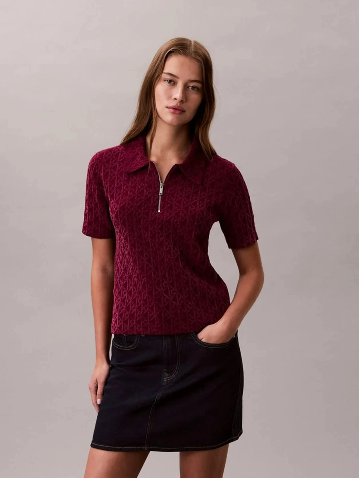 Calvin Klein Kadın Mor Viskon Yarım Fermuarlı Kısa Kolu Triko