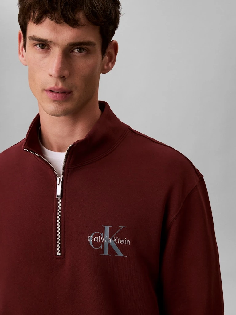 Calvin Klein Erkek Bordo Pamuk Yarım Fermuarlı Sweatshirt