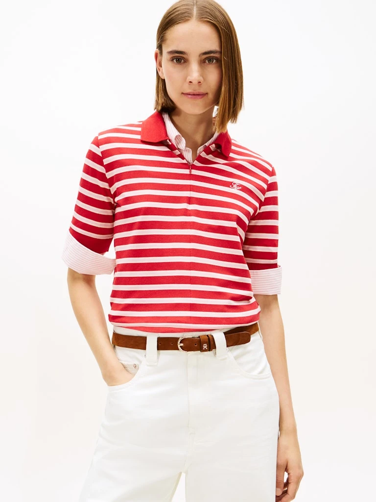 Tommy Hilfiger Kadın Kırmızı Kısa Kollu Fermuarlı Polo Yaka T-Shirt