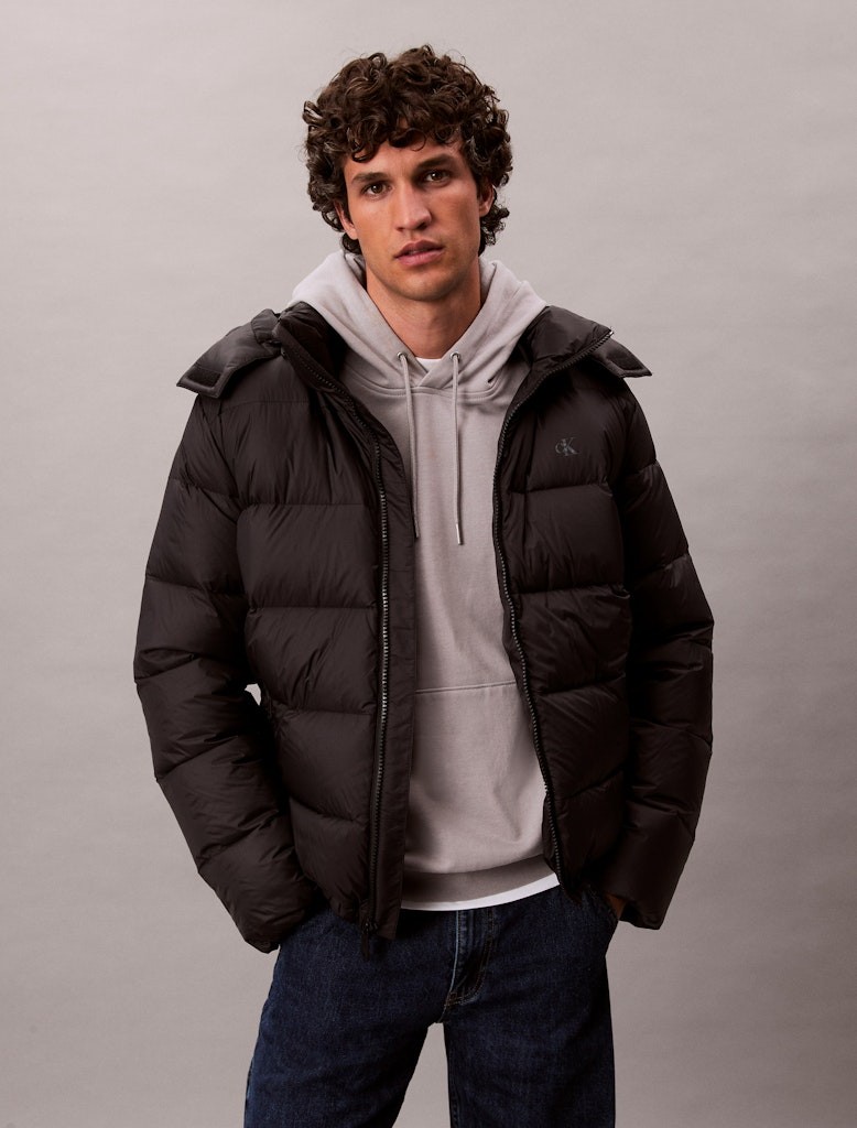 Calvin Klein Erkek Siyah Kaz Tüyü Puffer Kapşonlu Kaban