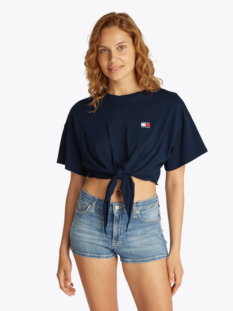 Tommy Hilfiger Rejeneratif Pamuk Mavi Kadın Kısa Kollu Crop T-Shirt - DW0DW20321C1G