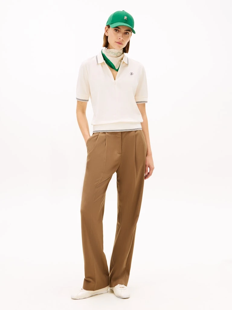 Tommy Hilfiger Kadın Bej Kısa Kollu Fermuarlı Polo Yaka T-Shirt