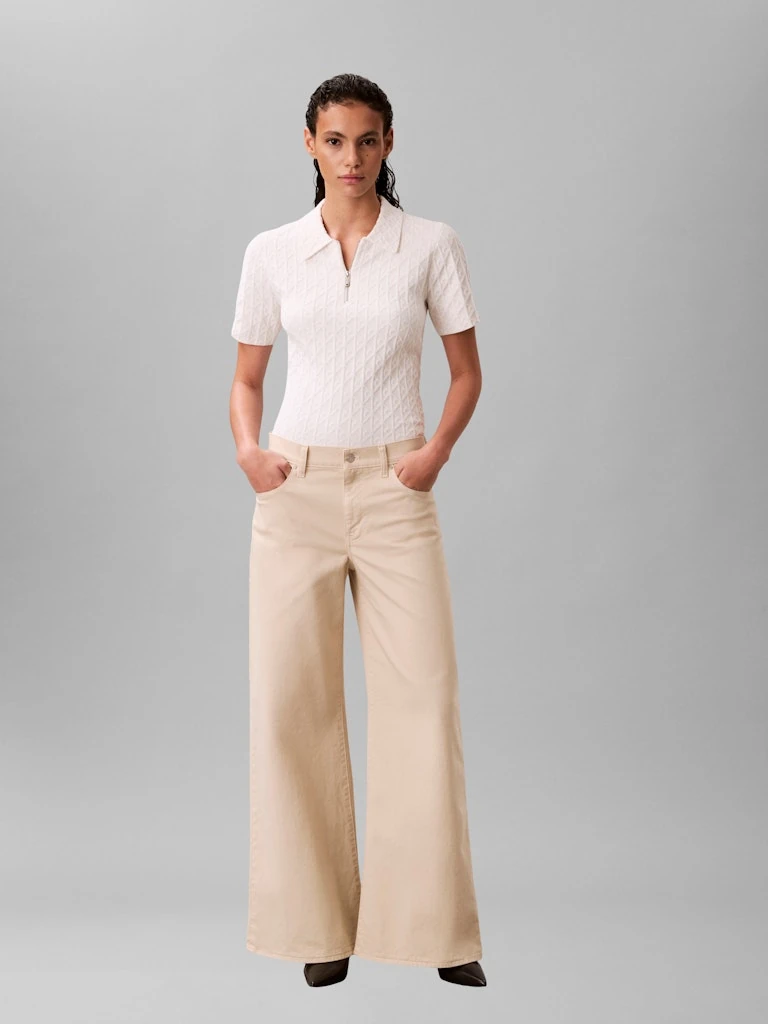 Calvin Klein Kadın Beyaz Viskon Yarım Fermuarlı Kısa Kolu Triko