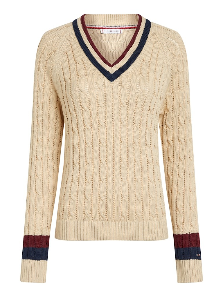 Tommy Hilfiger Pamuk Bej Kadın Uzun Kollu V Yaka Triko - WW0WW43972AEX