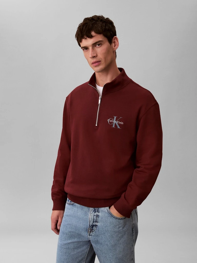 Calvin Klein Erkek Bordo Pamuk Yarım Fermuarlı Sweatshirt