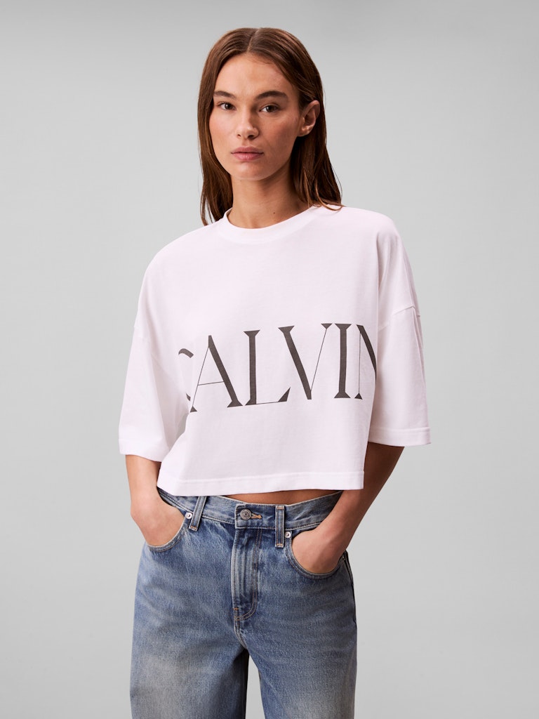 Calvin Klein Kadın Beyaz O Yaka Crop T-Shirt