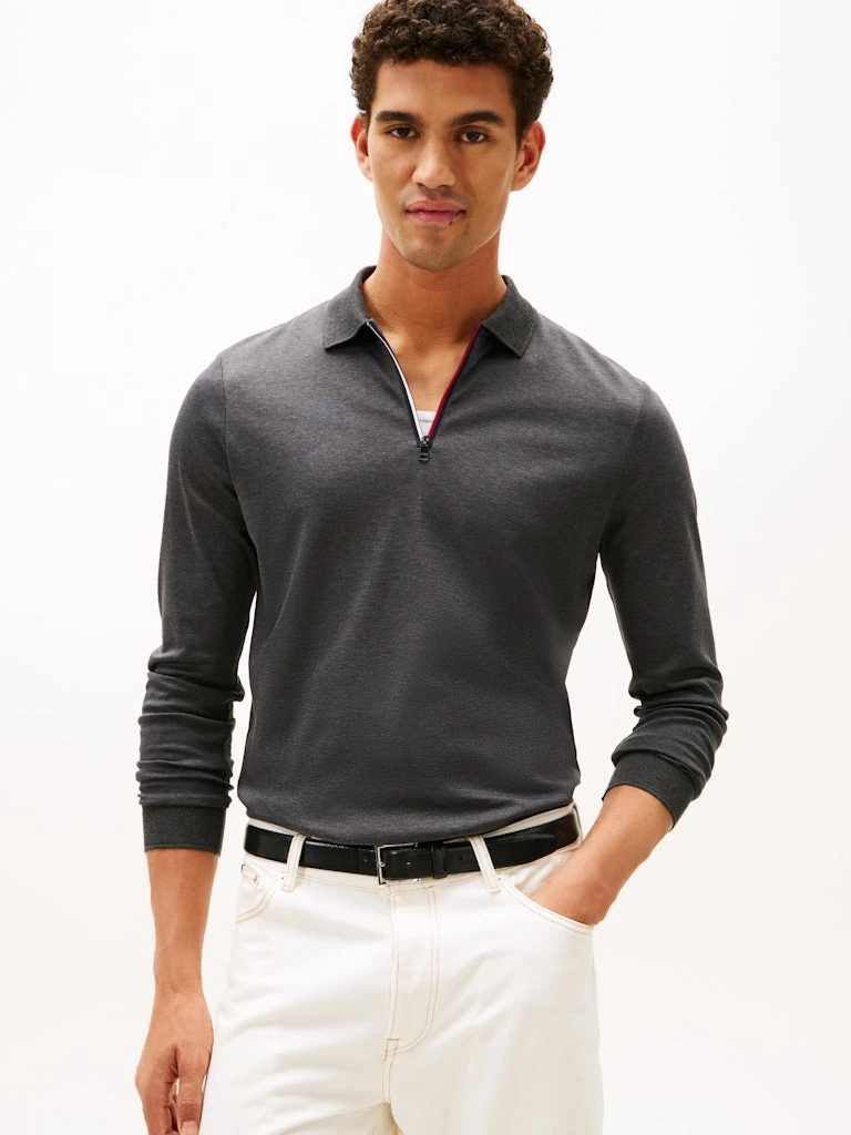 Tommy Hilfiger Erkek Gri  Uzun Kollu Fermuarlı Polo Yaka T-Shirt