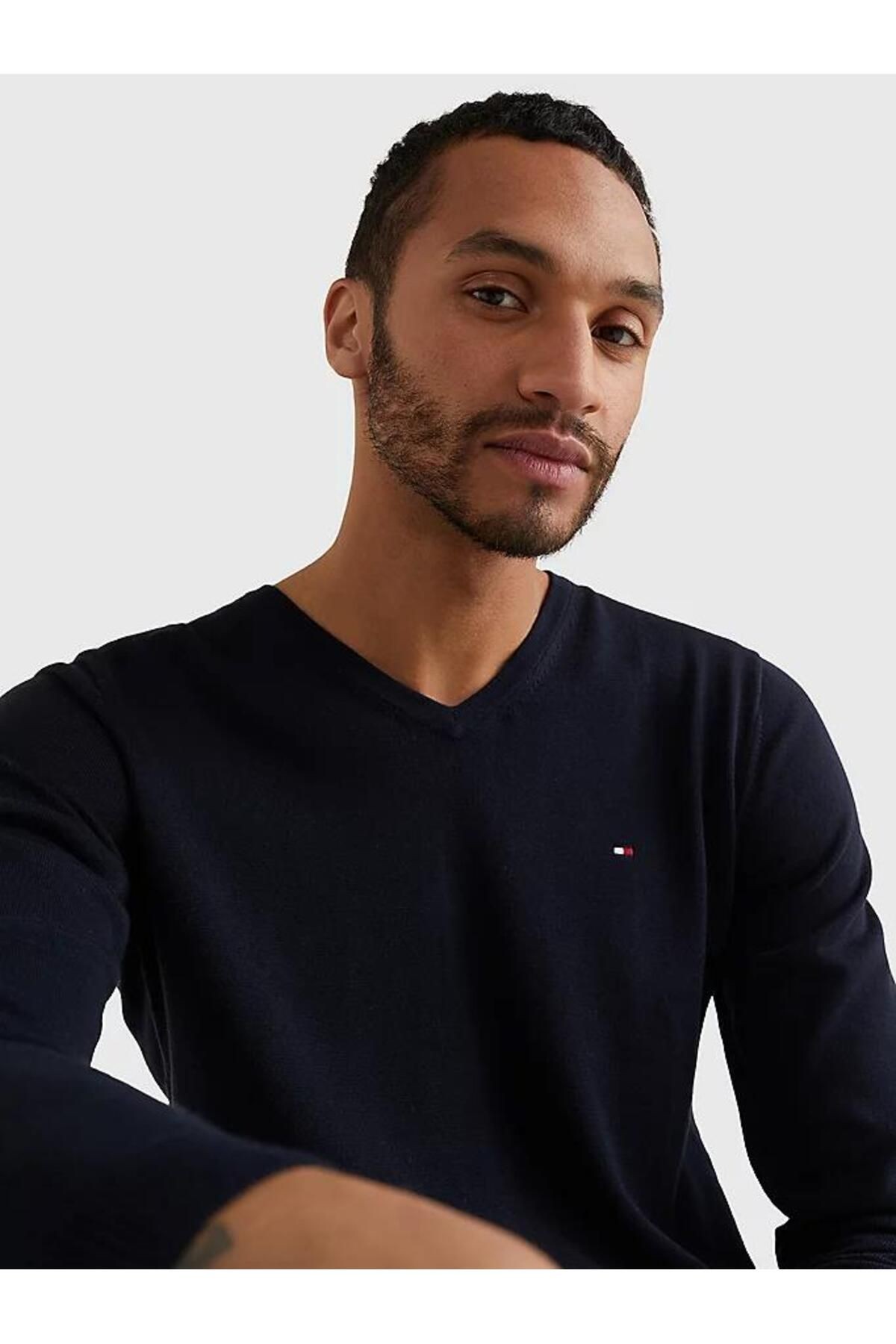 Tommy Hilfiger Pamuk LACİVERT Erkek Uzun Kollu V Yaka Triko
