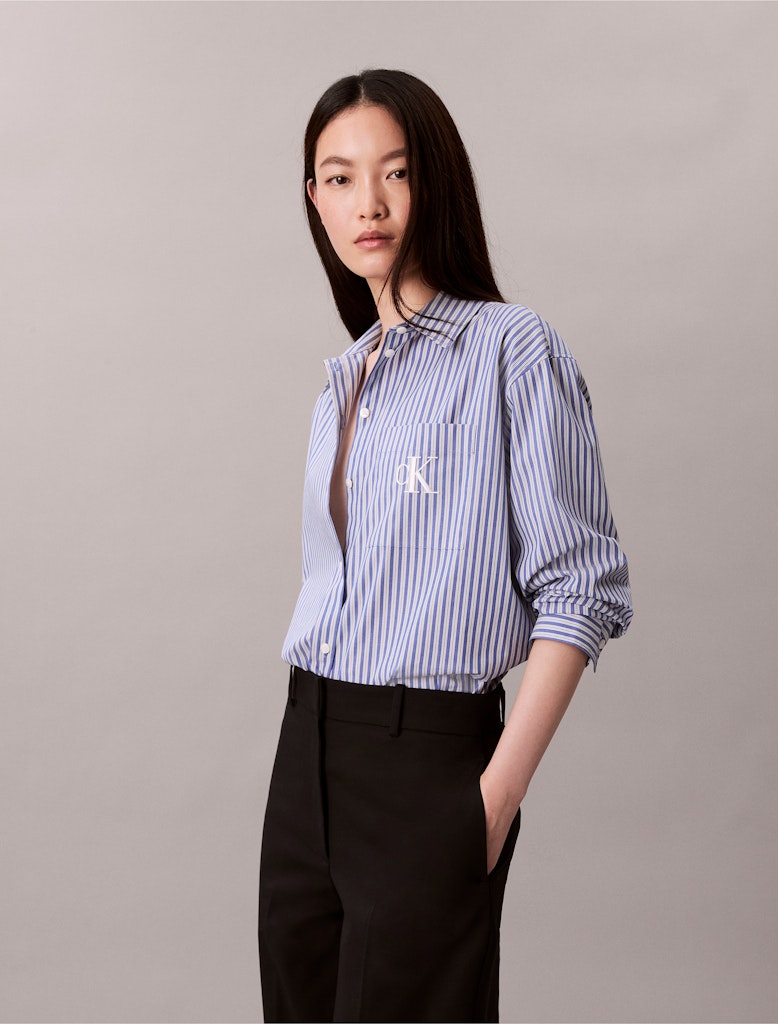 Calvin Klein Kadın Mavi  Rahat Kesim Uzun Kollu Gömlek