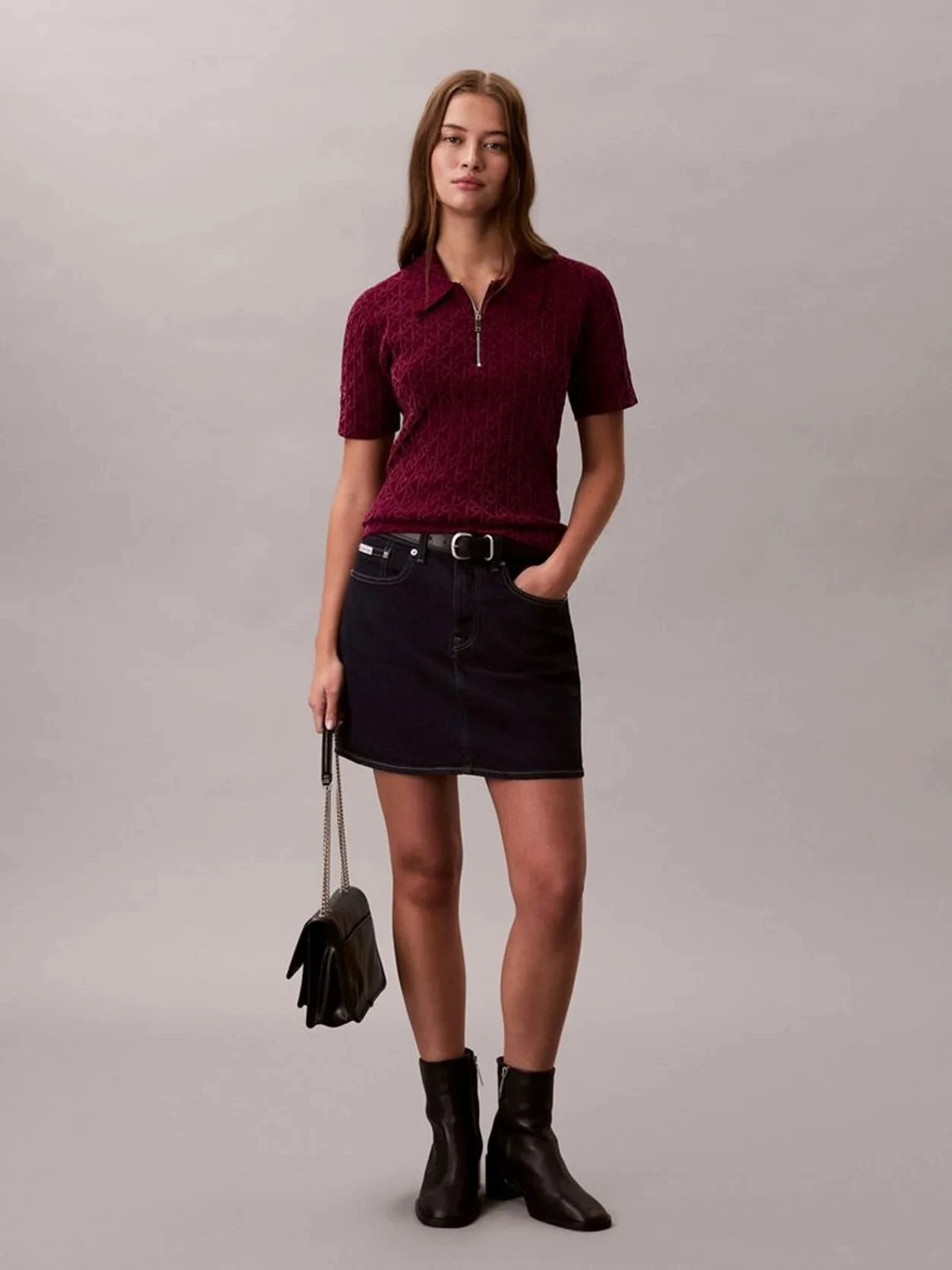 Calvin Klein Kadın Mor Viskon Yarım Fermuarlı Kısa Kolu Triko