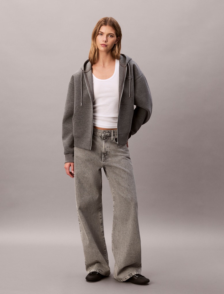 Calvin Klein Kadın Tam Fermuarlı Kapşonlu Gri Sweatshirt