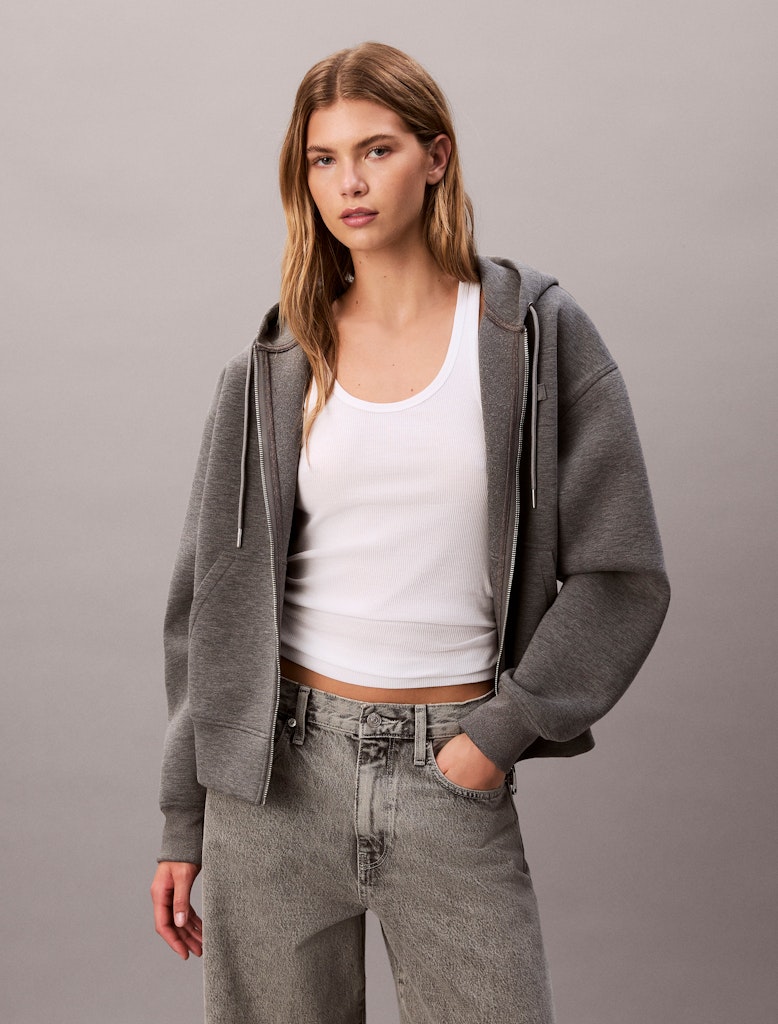 Calvin Klein Kadın Tam Fermuarlı Kapşonlu Gri Sweatshirt