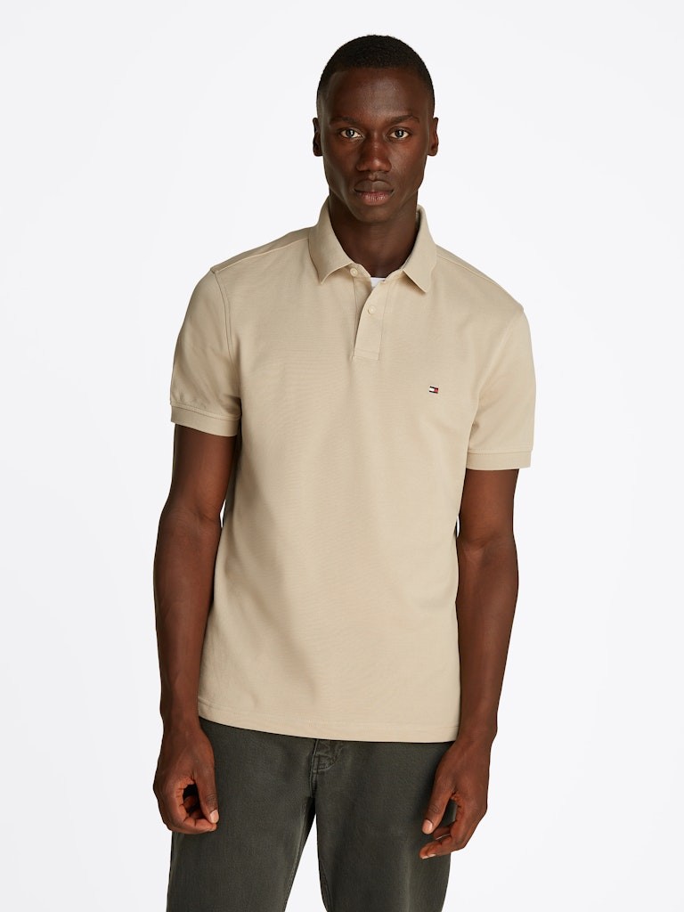 Tommy Hilfiger Organik Pamuk Bej Erkek Kısa Kollu Düğmeli Polo Yaka T-Shirt - MW0MW17770RBT