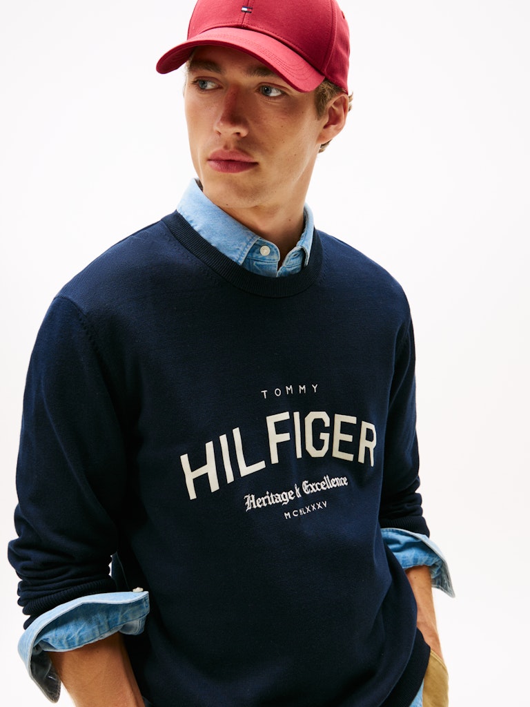 Tommy Hilfiger Erkek O Yaka Logolu Lacivert Triko