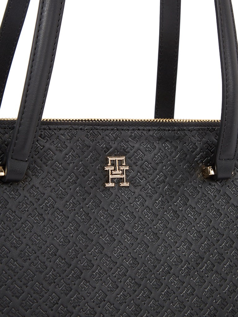 Tommy Hilfiger Kadın Baskı Desenli Kısa Askılı Geniş İç Hazneli Deri Siyah Omuz Çantası - AW0AW16948BDS