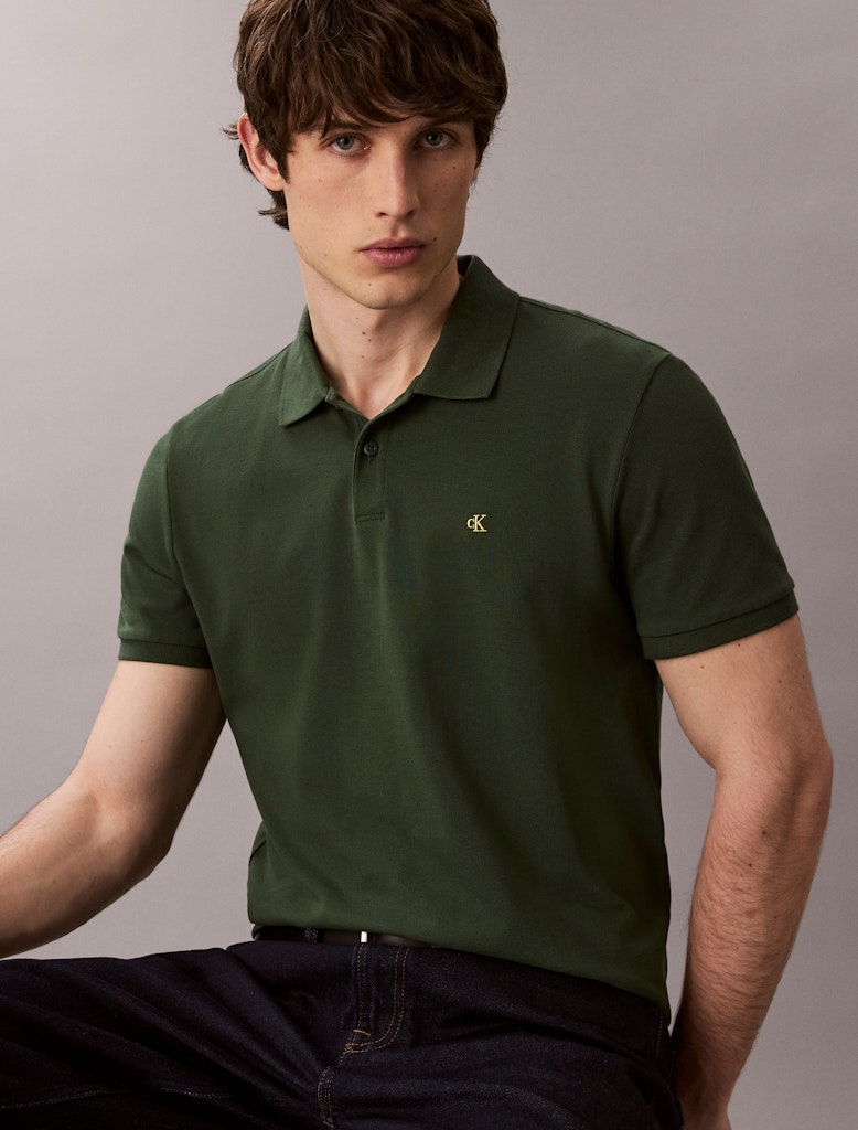 Calvin Klein Erkek Yeşil Pamuk Kısa Kollu Düğmeli Polo Yaka T-Shirt