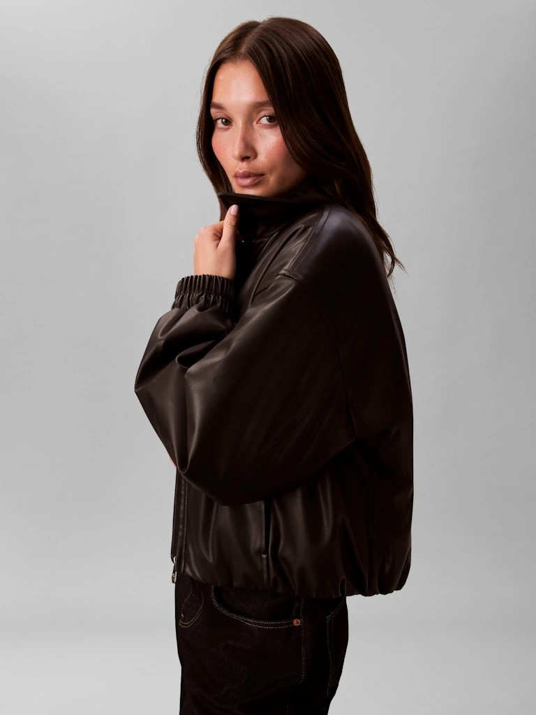 Calvin Klein Kadın Siyah Suni Deri Bomber Mont