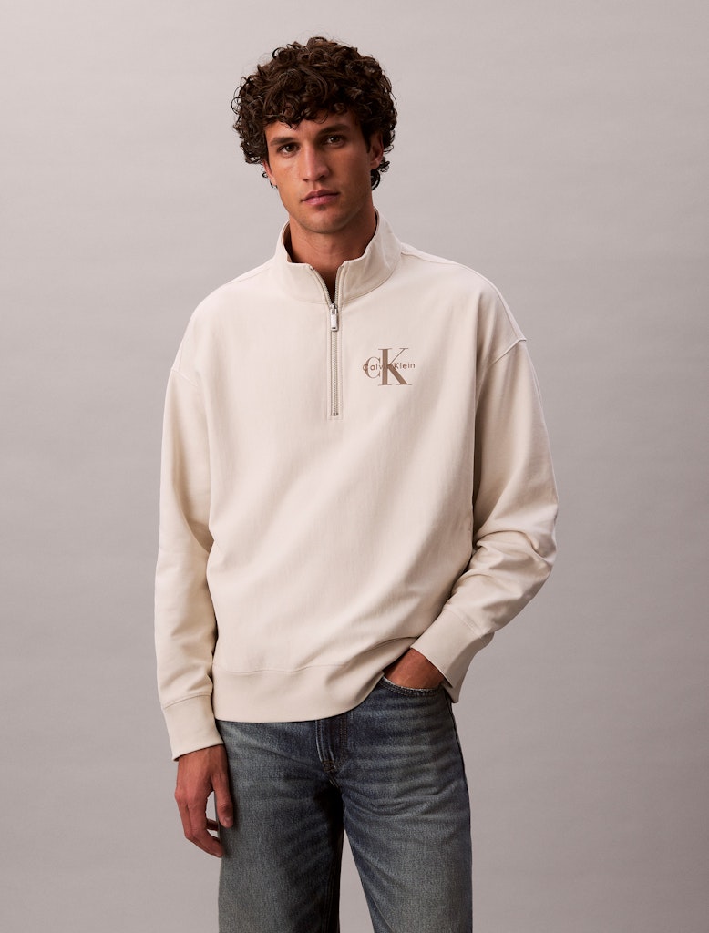 Calvin Klein Erkek Bej Pamuk Yarım Fermuarlı Sweatshirt