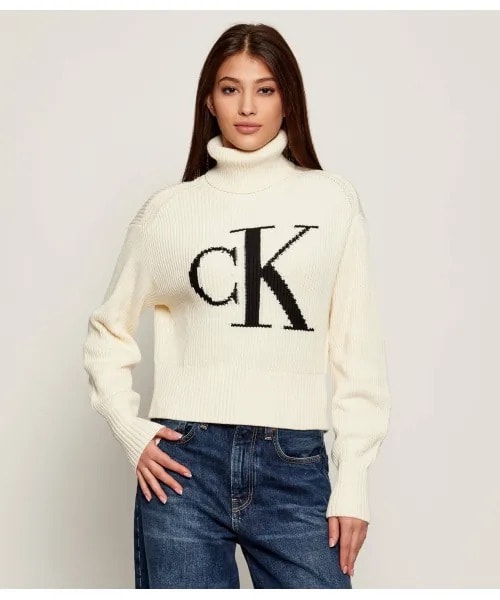 Calvin Klein Kadın %100 Pamuk Loose Balıkçı Yaka Bej Kazak