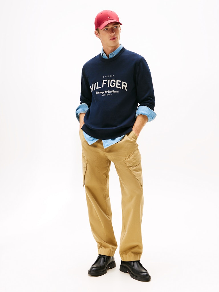 Tommy Hilfiger Erkek O Yaka Logolu Lacivert Triko