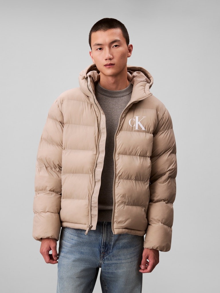 Calvin Klein Erkek Vizon Puffer Kapşonlu Mont