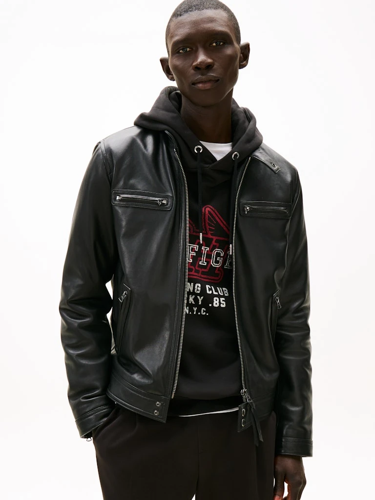 Tommy Hilfiger Erkek Siyah Suni Deri Bomber Racing Mont