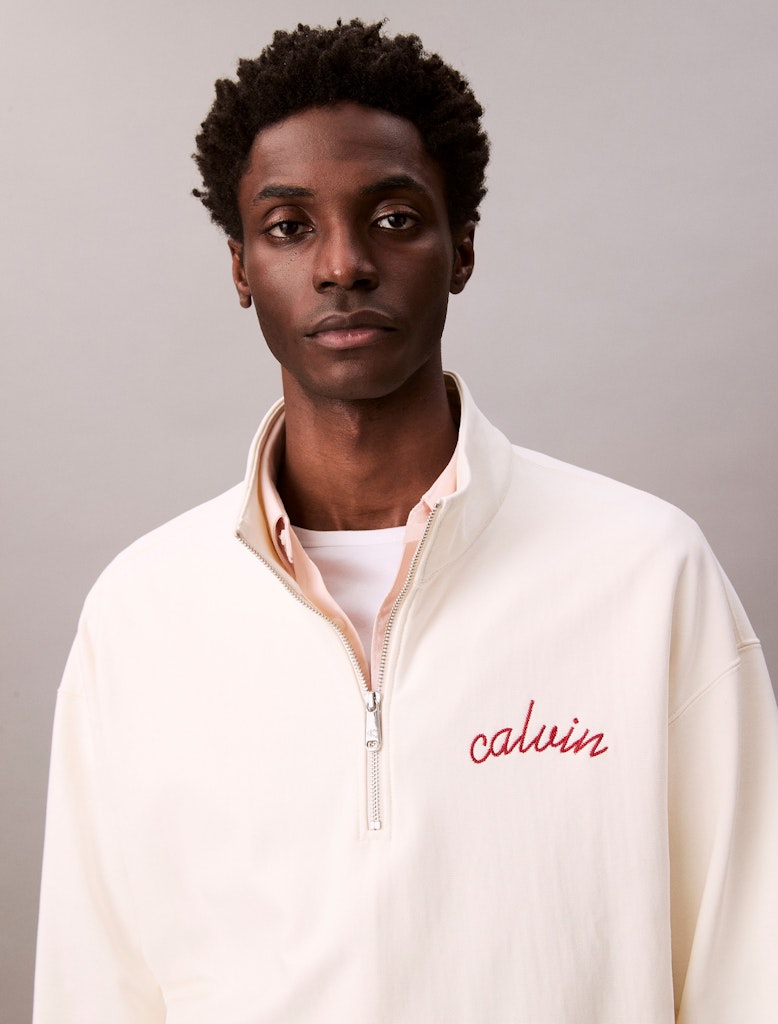 Calvin Klein Erkek Yarım Fermuarlı Logolu Beyaz Sweatshirt