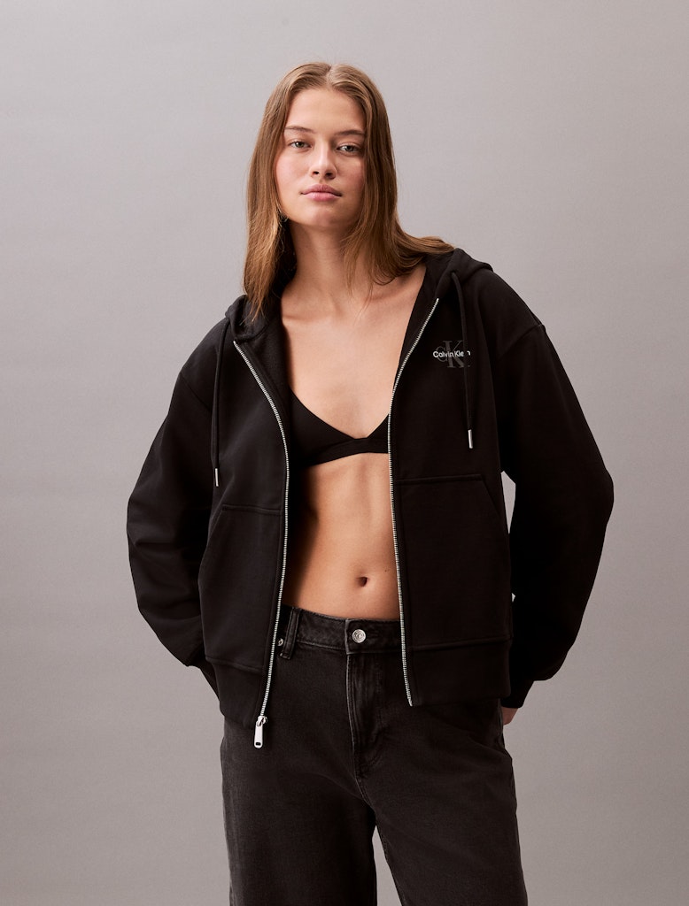 Calvin Klein Kadın Siyah  Tam Fermuarlı Kapşonlu Sweatshirt