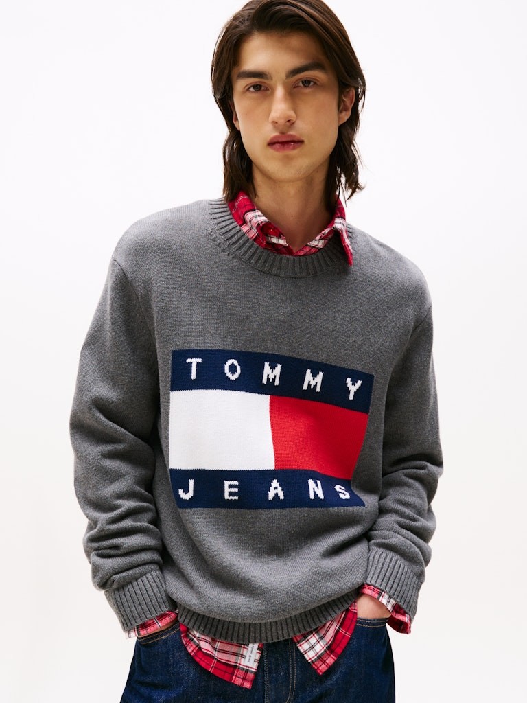 Tommy Hilfiger Erkek Gri O Yaka Bayraklı Triko