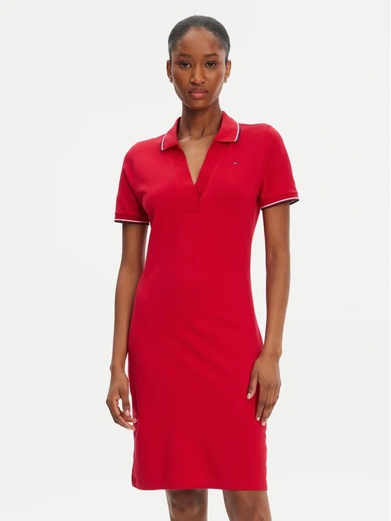 Tommy Hilfiger Kadın Kırmızı Polo Yaka Uzun Elbise