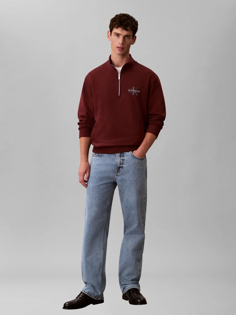 Calvin Klein Erkek Bordo Pamuk Yarım Fermuarlı Sweatshirt