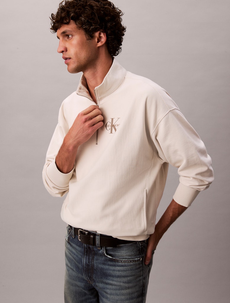 Calvin Klein Erkek Bej Pamuk Yarım Fermuarlı Sweatshirt