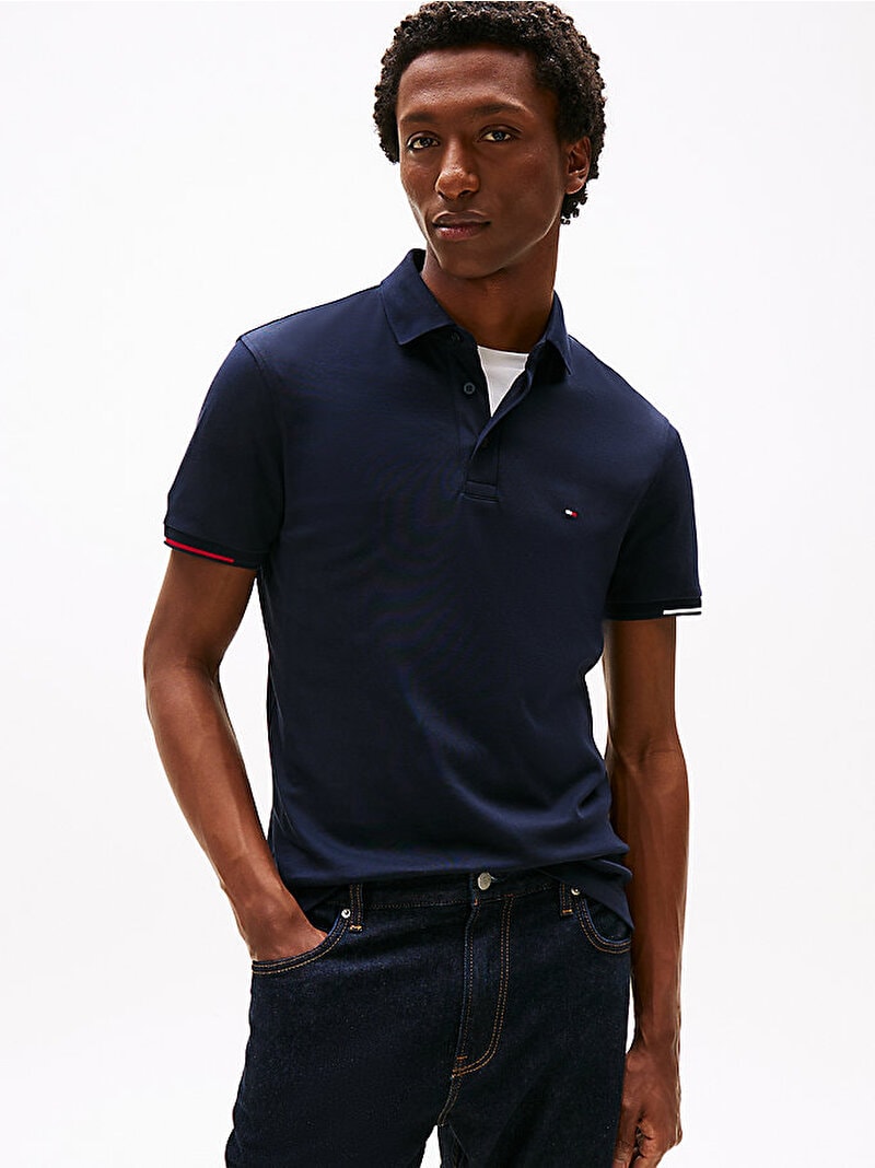 Tommy Hilfiger Erkek İnterlock Flagcuff Polo Mavi T-shirt
