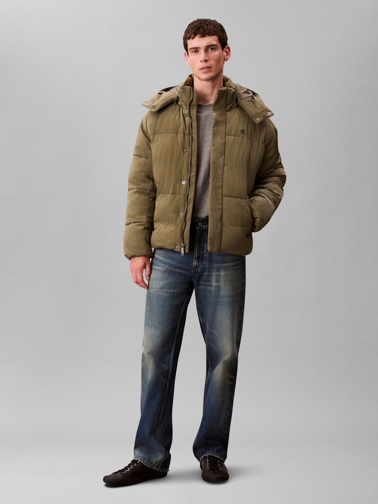 Calvin Klein Erkek Haki  Puffer Kapşonlu Mont