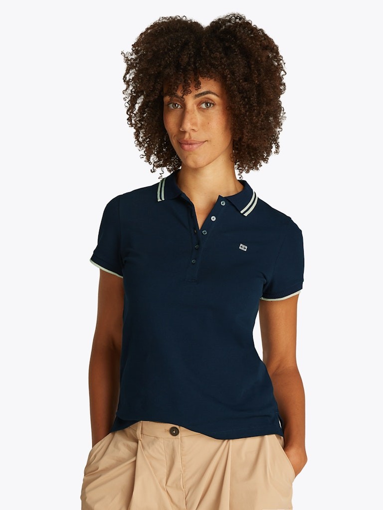 Tommy Hilfiger Rejeneratif Pamuk Lacivert Kadın Kısa Kollu Düğmeli Polo Yaka T-Shirt - WW0WW44517C1G