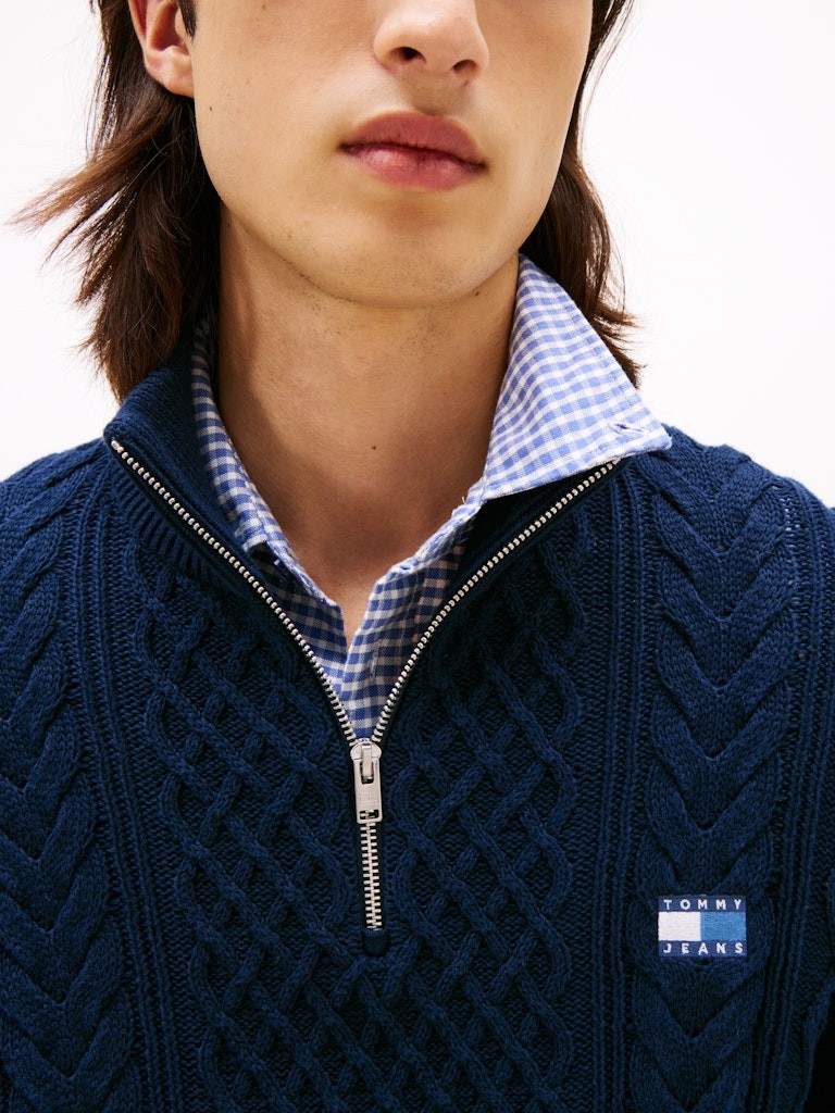 Tommy Hilfiger Erkek Mavi Yarım Fermuar Triko