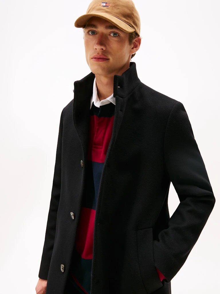 Tommy Hilfiger Erkek Yün Klasik Düğmeli Siyah Kaban