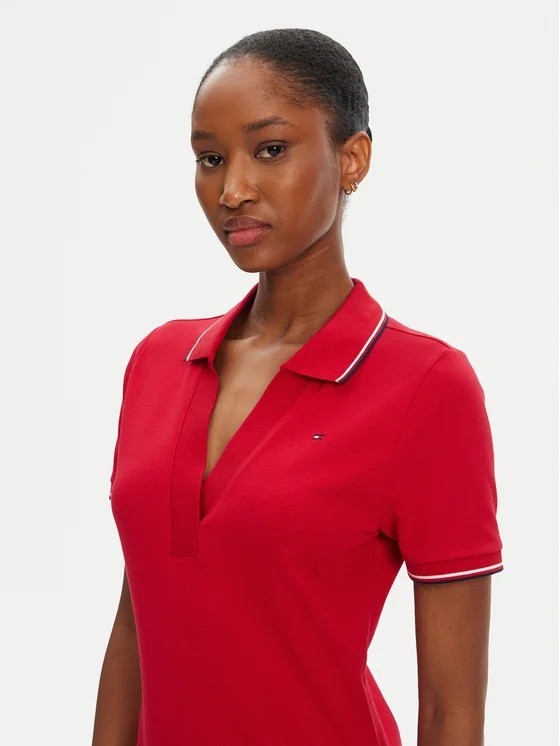 Tommy Hilfiger Kadın Kırmızı Polo Yaka Uzun Elbise